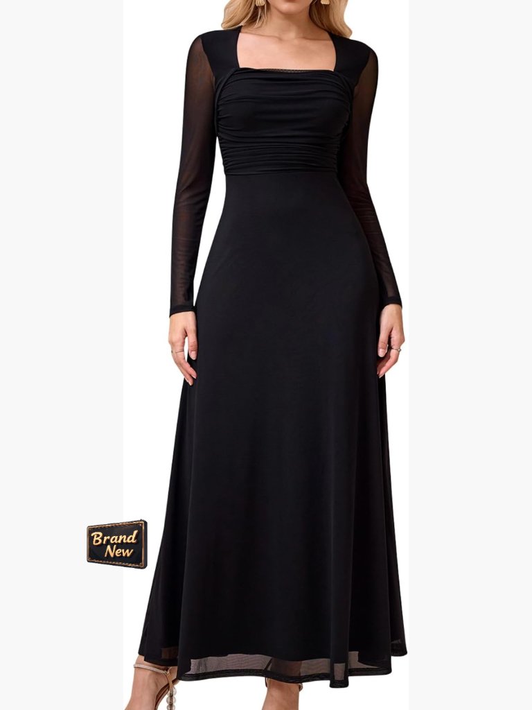 Long Sleeve Fall Wedding Guest Maxi Dress Square Neck Ruched Cocktail Dress